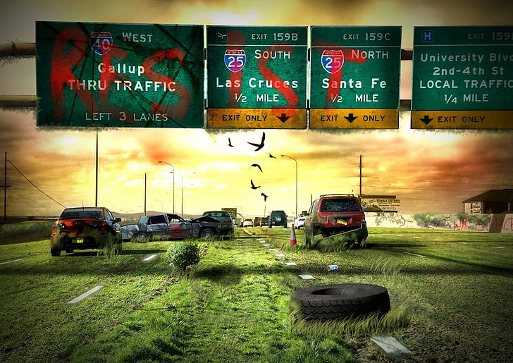 assorted-color cars illustration, apocalyptic, abandoned, road, HD wallpaper