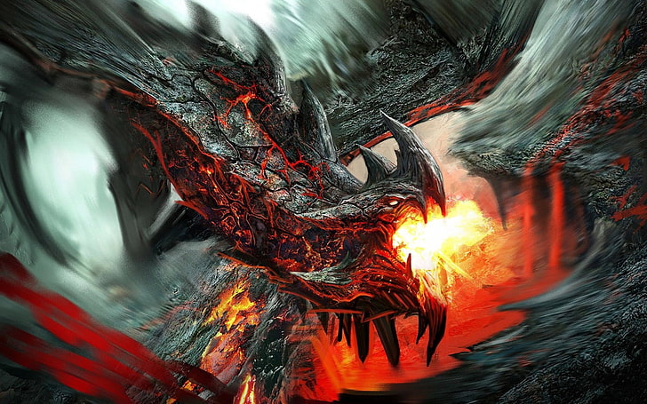 black and red dragon breathing fire digital wallpaper, fantasy art