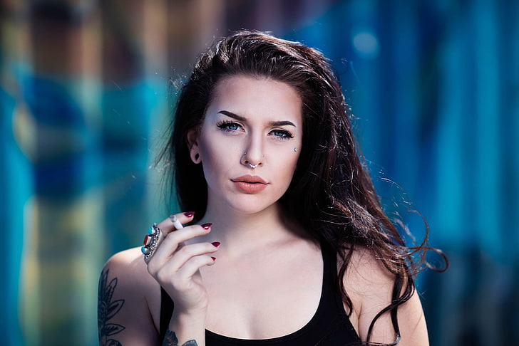 woman in black tank top, women, nose rings, piercing, tattoo, HD wallpaper