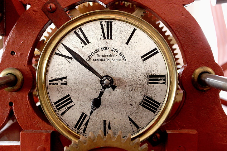 round gold-colored roman numeral analog clock, roman numerals