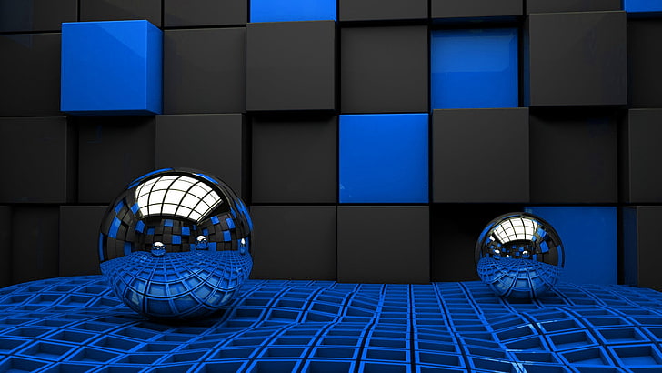 optical illusion digital wallpaper, balls, metal, cubes, space