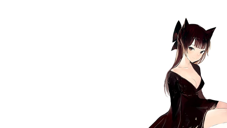 black dress, anime girls, bow, lpip, cat, simple background, HD wallpaper