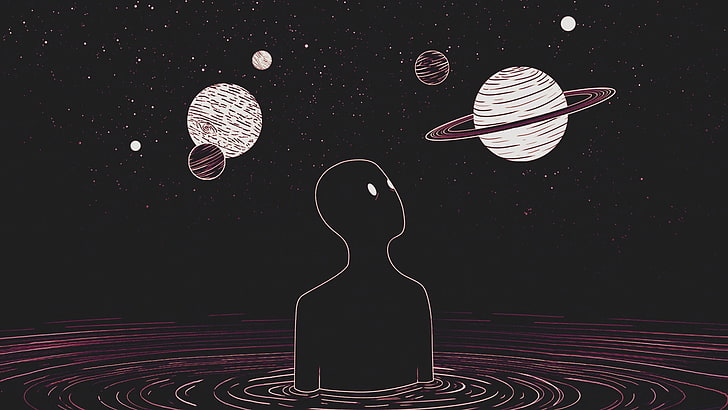 man staring planets illustration, space, simple, motion, indoors, HD wallpaper