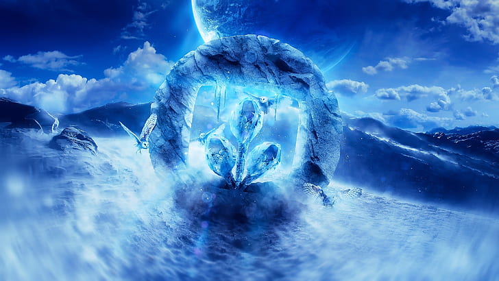 Desktopography logo, digital art, owl, planet, sea, blue, HD wallpaper