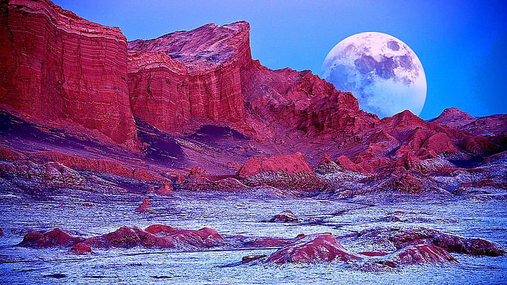 mountain, desert, full moon, atacama, marvel, valley, moon valley, HD wallpaper