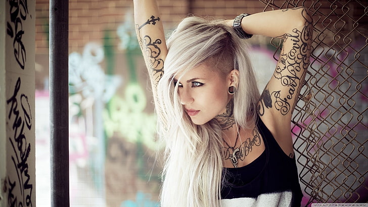 women's black sleeveless top, blonde, tattoo, Sara Fabel, model, HD wallpaper