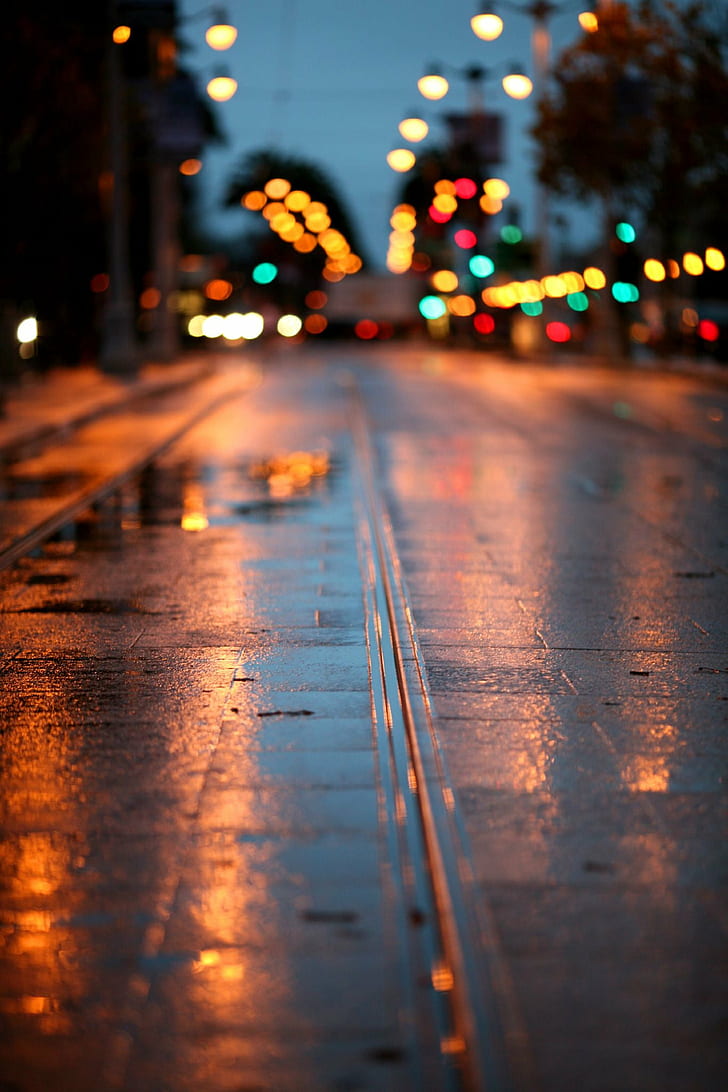 depth of field photography of grey concrete road with orbs of light