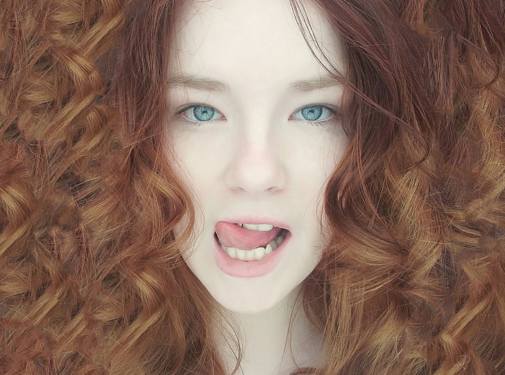 redhead, lips, green eyes, women, face, tongues, blue eyes