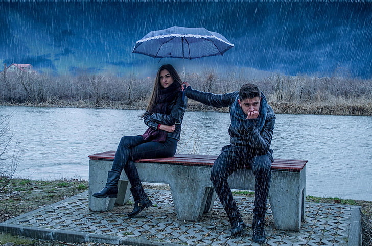 men's black leather jacket, umbrella, women, rain, humor, leather jackets, HD wallpaper