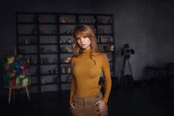 women's brown long-sleeved shirt, Anastasia Scheglova, model, HD wallpaper