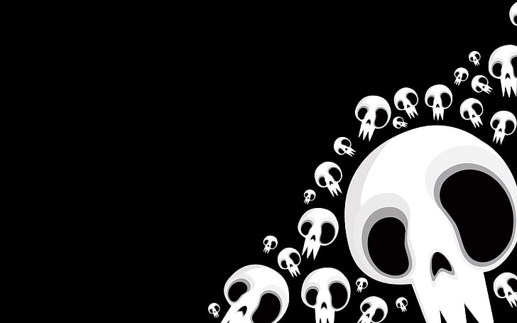 white skull illustration, copy space, black background, no people