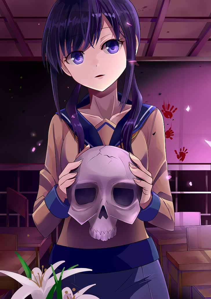 shinozaki ayumi, corpse party, classroom, skull, school uniform, HD wallpaper