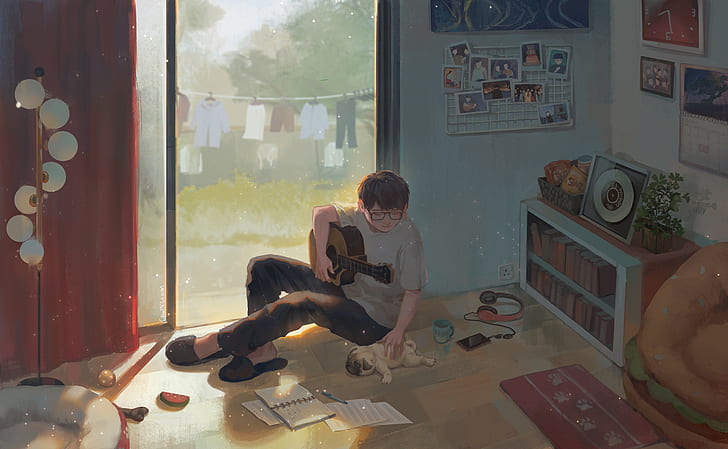 Hd Wallpaper: Anime, Original, Boy, Dog, Guitar, Room | Wallpaper Flare