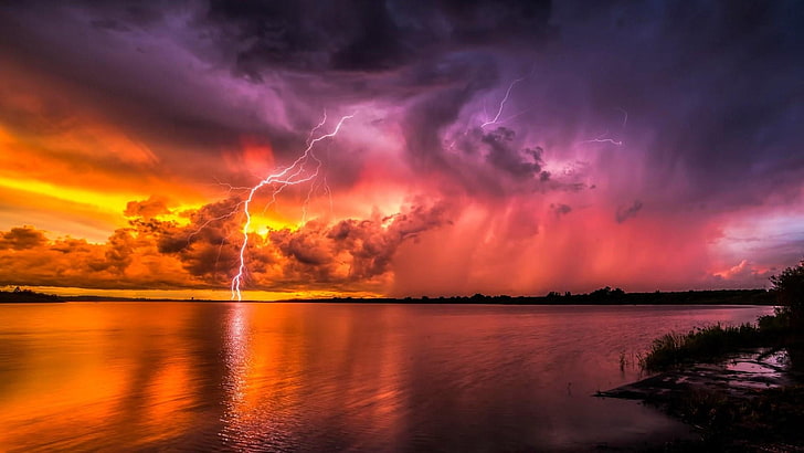 lightning, wtorm, purple sky, orange sky, stormy, cloud, dusk