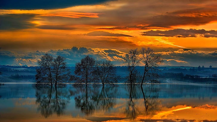 reflection, sky, nature, cloud, landscape, afterglow, tree, HD wallpaper