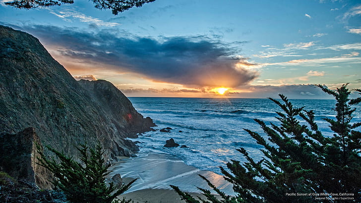 Pacific Sunset at Gray Whale Cove, California, Sunrises/Sunsets, HD wallpaper