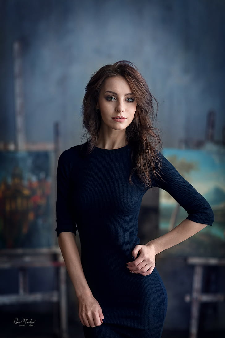 HD wallpaper: Anastasiya Peredistova, blue dress, portrait, looking at view...