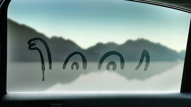 artwork, Loch Ness Monster, window, car, nessy, communication