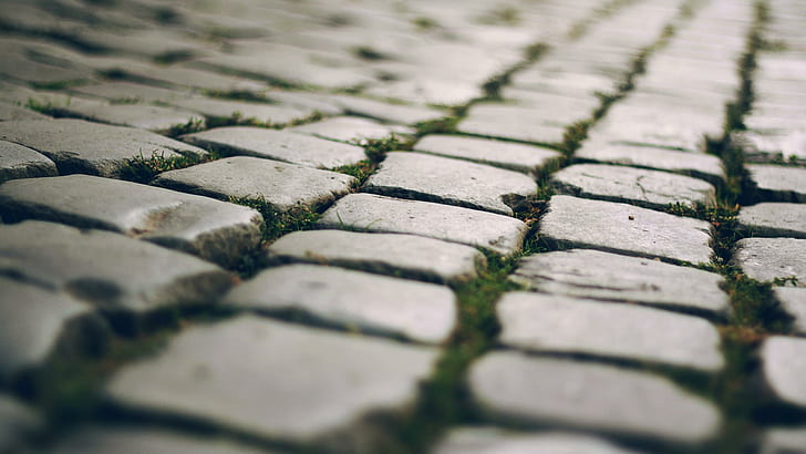 Cobble stones, grey concrete bricks, photography, 2560x1440, pavement