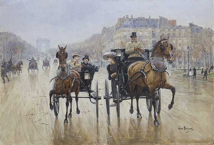 painting, Jean Beraud, classical art, Paris, horse, cityscape