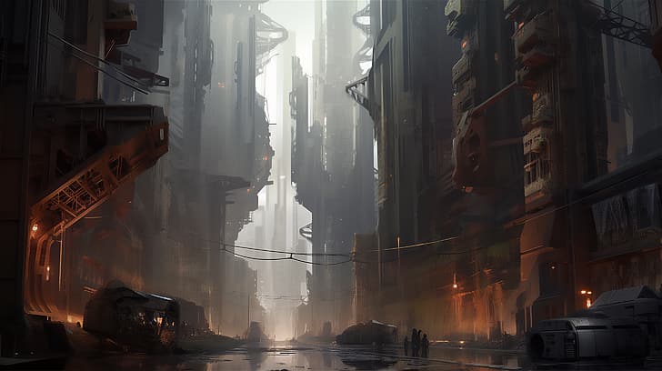 AI art, city, street, illustration, dystopian, science fiction