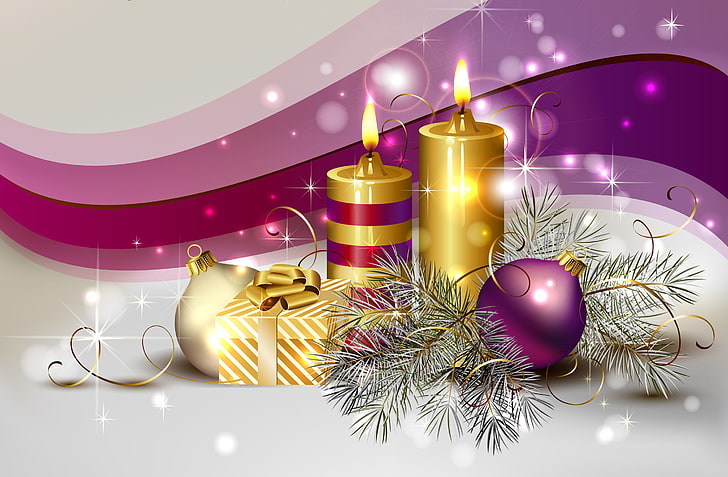 candles and purple bauble illustration, color, decoration, gold, HD wallpaper