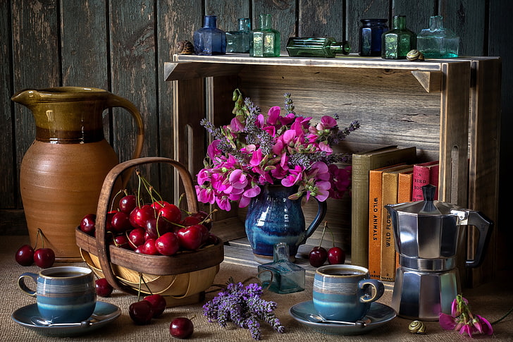 flowers, bubbles, style, berries, books, coffee, Cup, shelf