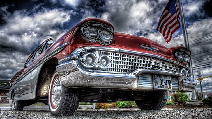 vintage car, old, old school, usa flag, red car, old car, cadillac, HD wallpaper