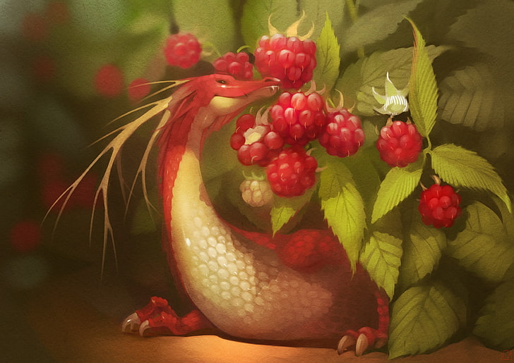 digital art, fantasy art, dragon, rasberry, fruit, red, close-up
