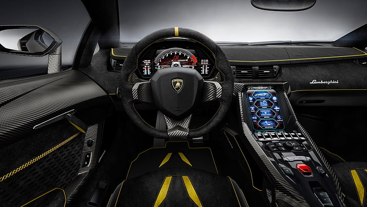 black and gray steering wheel, machine, interior, salon, Lamborghini Centenary