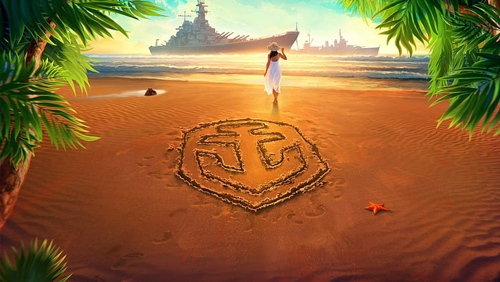 Warships, World of Warships, Beach, Girl, Logo, Sand