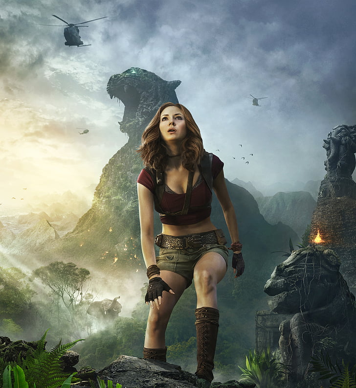 female character wearing crop-top with shorts, Karen Gillan, Jumanji: Welcome to the Jungle, HD wallpaper