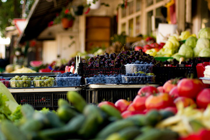 markets, city, food, vegetables, fruit, cherries, blueberries, HD wallpaper