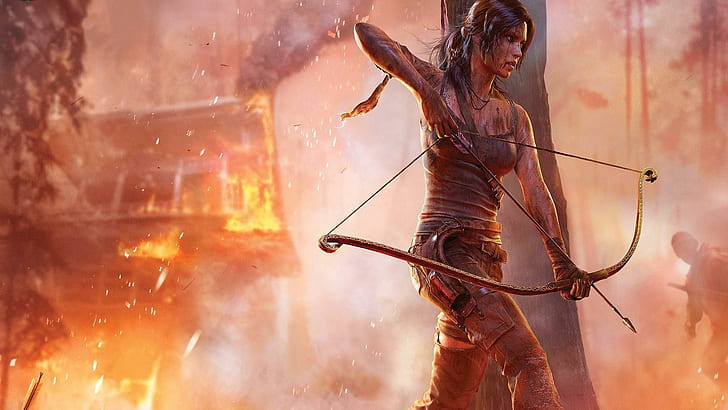 Lara Croft - Tomb Raider, artwork of woman using composite bow near burning building