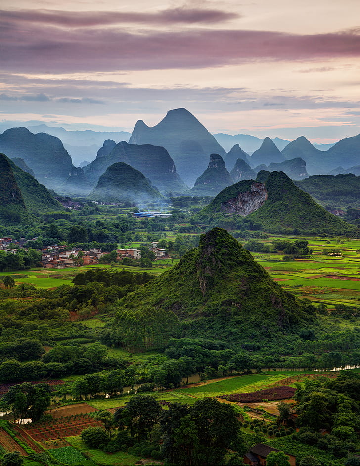 long exposure green mountains, china, china, Misty, Evening, Guilin, HD wallpaper