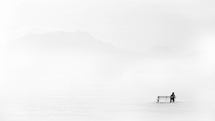 sitting, white background, alone, winter, men, mountains, bench