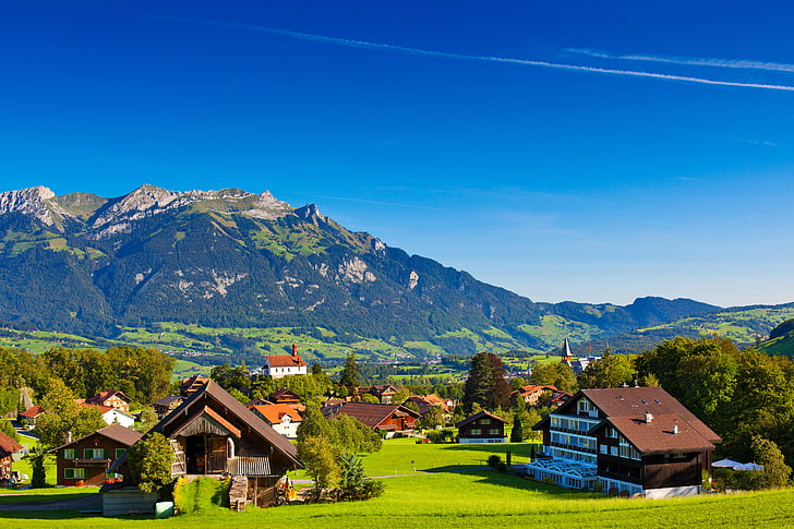 Switzerland, 5K, Town, Swiss Alps, Mountains, HD wallpaper