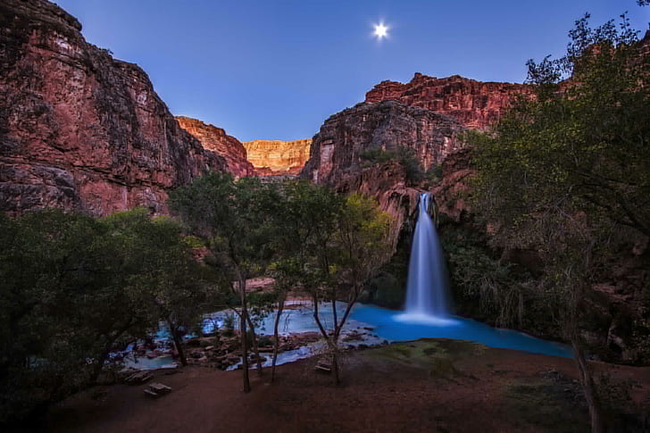 Arizona, rocks, waterfall, Grand Canyon, sandstone, full moon, HD wallpaper