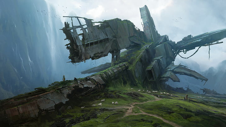crash, ruins, overgrown, sheep, spaceship, mountains