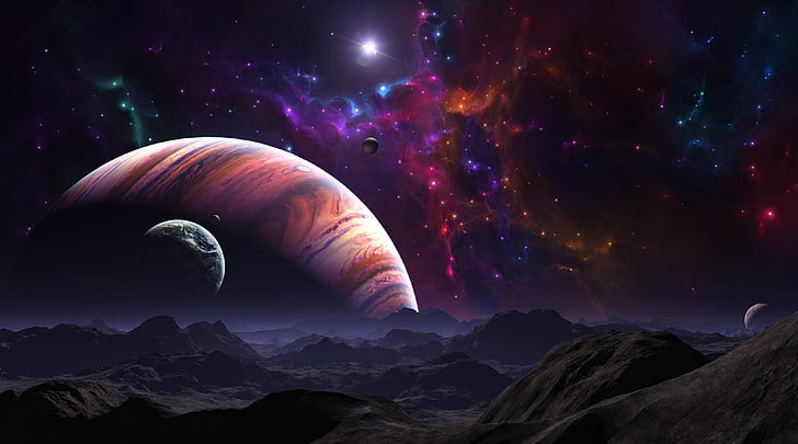 multicolored planet wallpaper, stars, surface, mountains, landscape