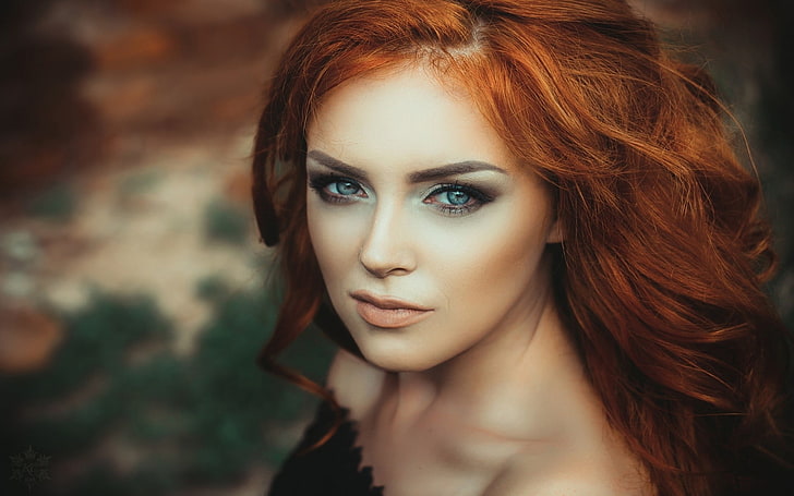 women's black tube top, model, redhead, women outdoors, face, HD wallpaper