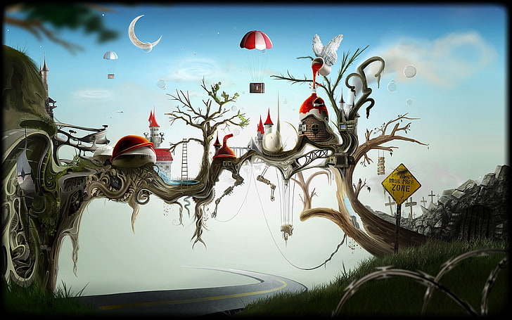 bare tree with house illustration, digital art, surreal, bench