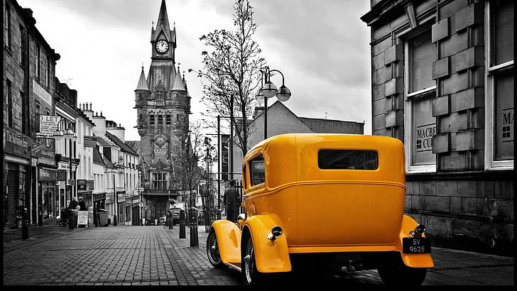 Hotrod In Europe, custom, yellow, clock, black, vintage, white