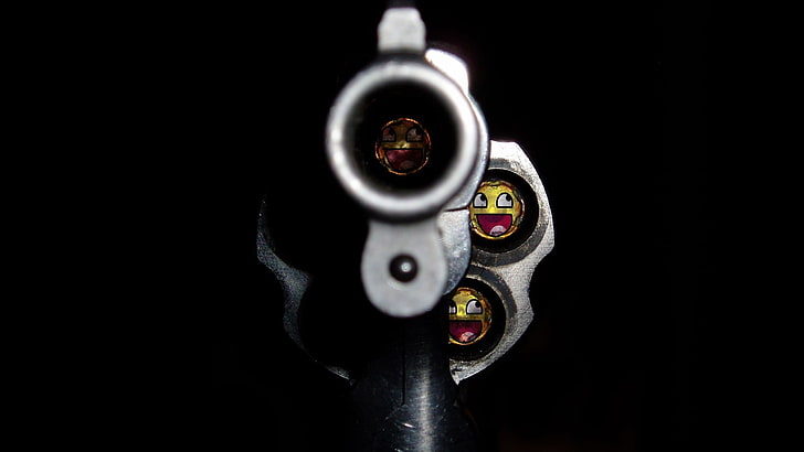 black revolver, gun, smiling, awesome face, weapon, studio shot, HD wallpaper