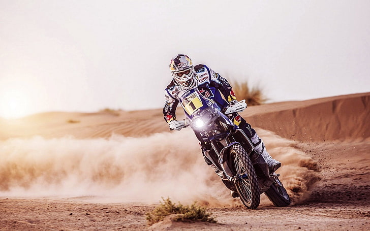 blue dirt bike, motorcycle, motocross, Red Bull, desert, transportation