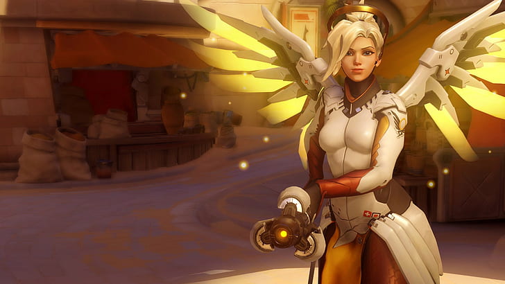 female hero with wings HD wallpaper, video games, Overwatch, Mercy (Overwatch), HD wallpaper