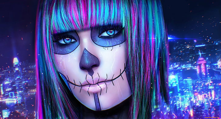 Artistic, Sugar Skull, Colorful, Day of the Dead, Girl, Hair, HD wallpaper