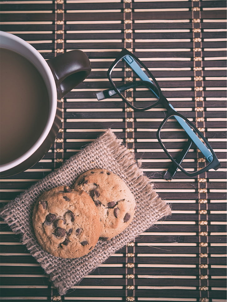 coffee, cookies, glasses, food and drink, directly above, cup