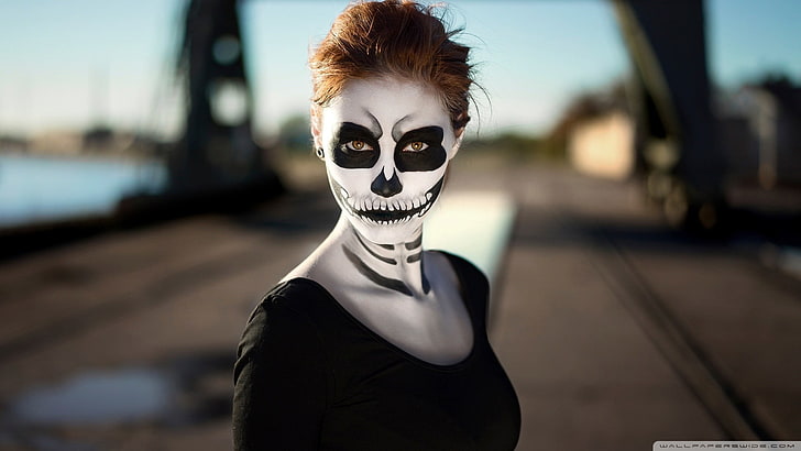 women's skeleton makeup, brunette, Sugar Skull, brown eyes, Dia de los Muertos