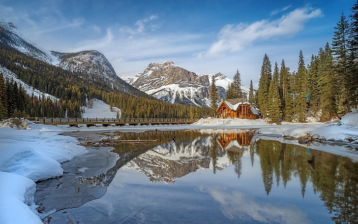 brown wooden house, nature, landscape, lake, cabin, winter, mountains
